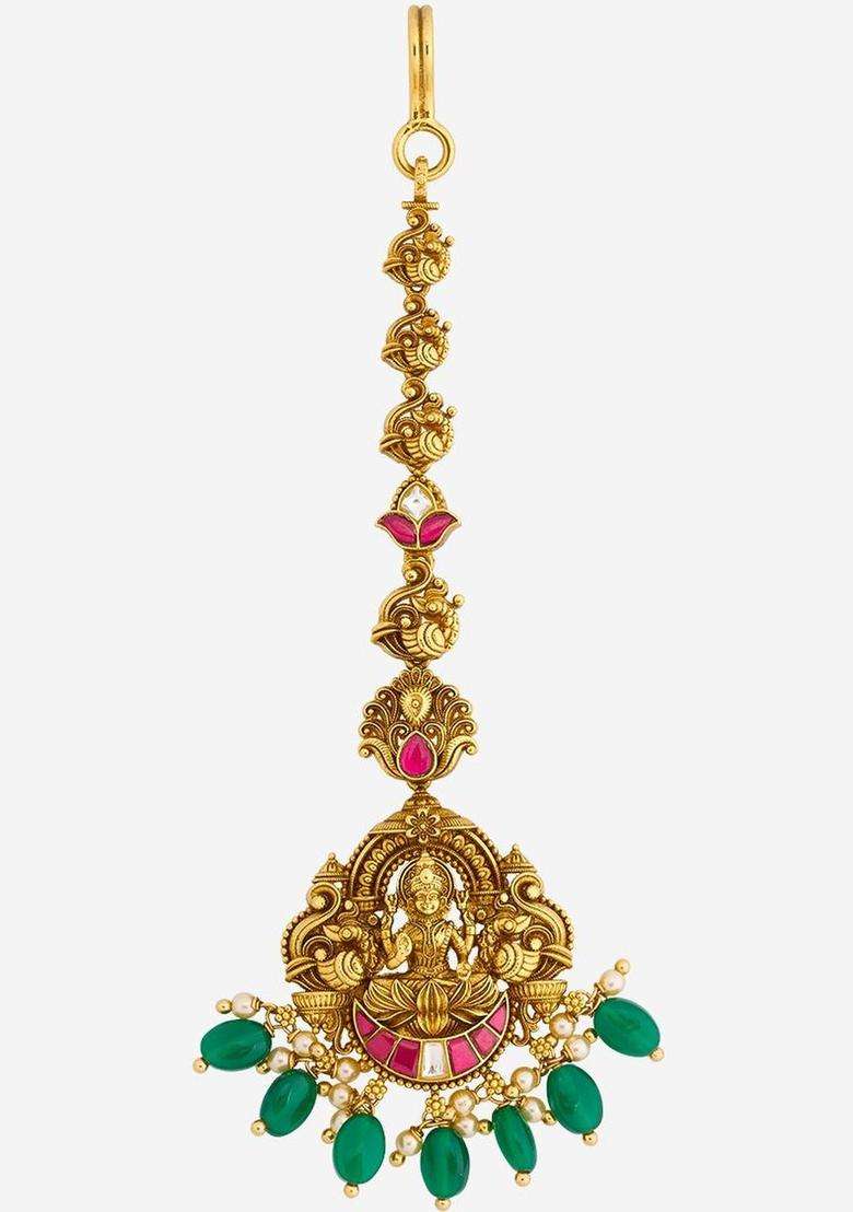 Silver-Plated Artificial Stones and Beads Studded Maang Tikka for Women | Traditional Temple Jewellery for Wedding & Festive Wear | Gift for Her - Indya