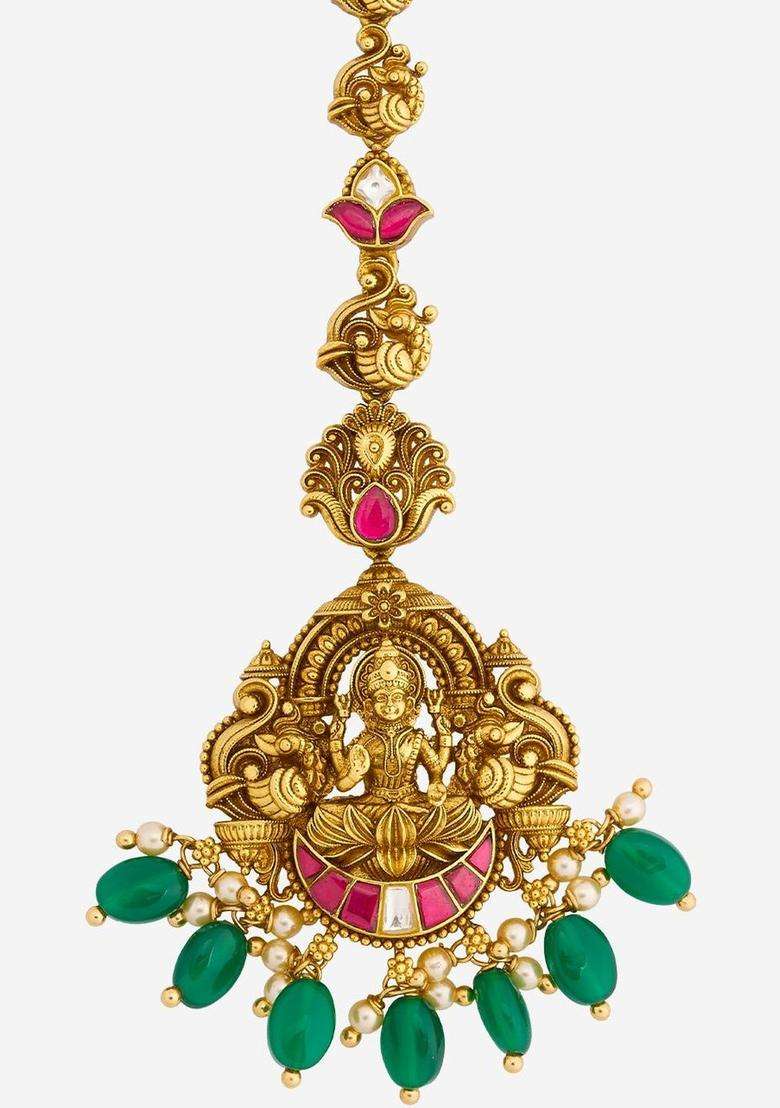 Silver-Plated Artificial Stones and Beads Studded Maang Tikka for Women | Traditional Temple Jewellery for Wedding & Festive Wear | Gift for Her - Indya