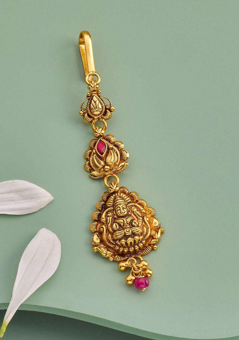 92.5 Pure Silver Gold-Plated Studded & Beaded Maang Tikka for Women | Traditional Temple Jewellery for Wedding & Festive Wear | Gift for Her - Indya