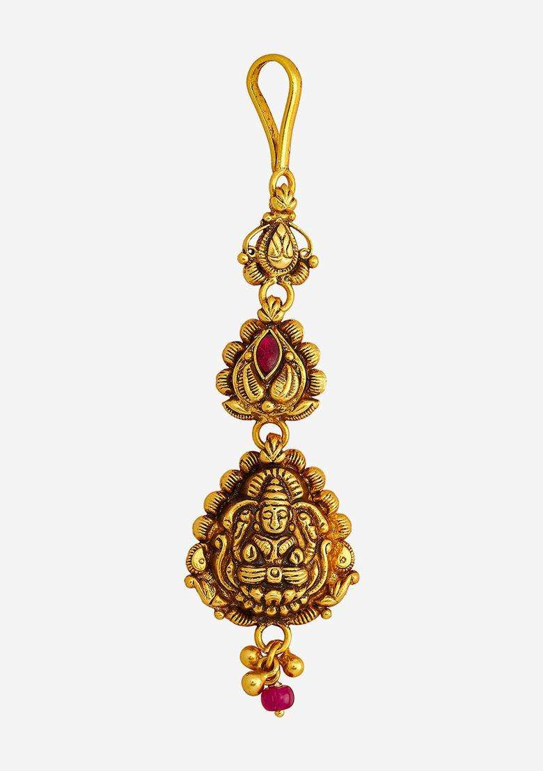 92.5 Pure Silver Gold-Plated Studded & Beaded Maang Tikka for Women | Traditional Temple Jewellery for Wedding & Festive Wear | Gift for Her - Indya