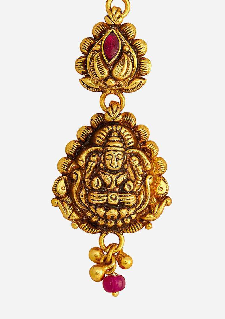 92.5 Pure Silver Gold-Plated Studded & Beaded Maang Tikka for Women | Traditional Temple Jewellery for Wedding & Festive Wear | Gift for Her - Indya