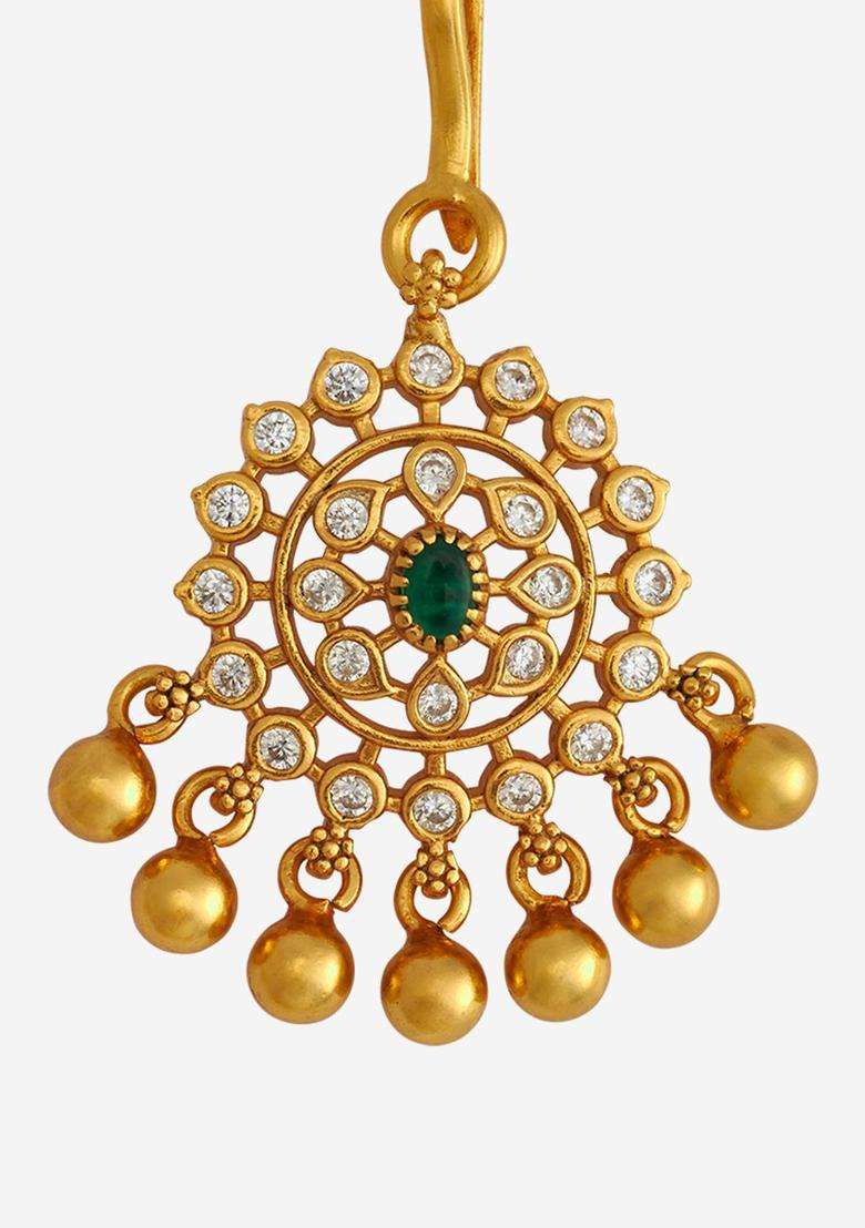 92.5 Pure Silver Gold-Plated Artificial Stones Maang Tikka for Women | Traditional Temple Jewellery for Wedding & Festive Wear | Gift for Her - Indya