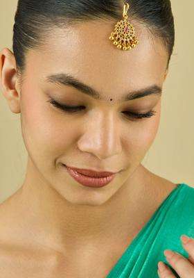 92.5 Sterling Silver Gold-Plated Ruby Stones Maang Tikka for Women | Traditional Temple Jewellery for Wedding & Festive Wear | Gift for Her