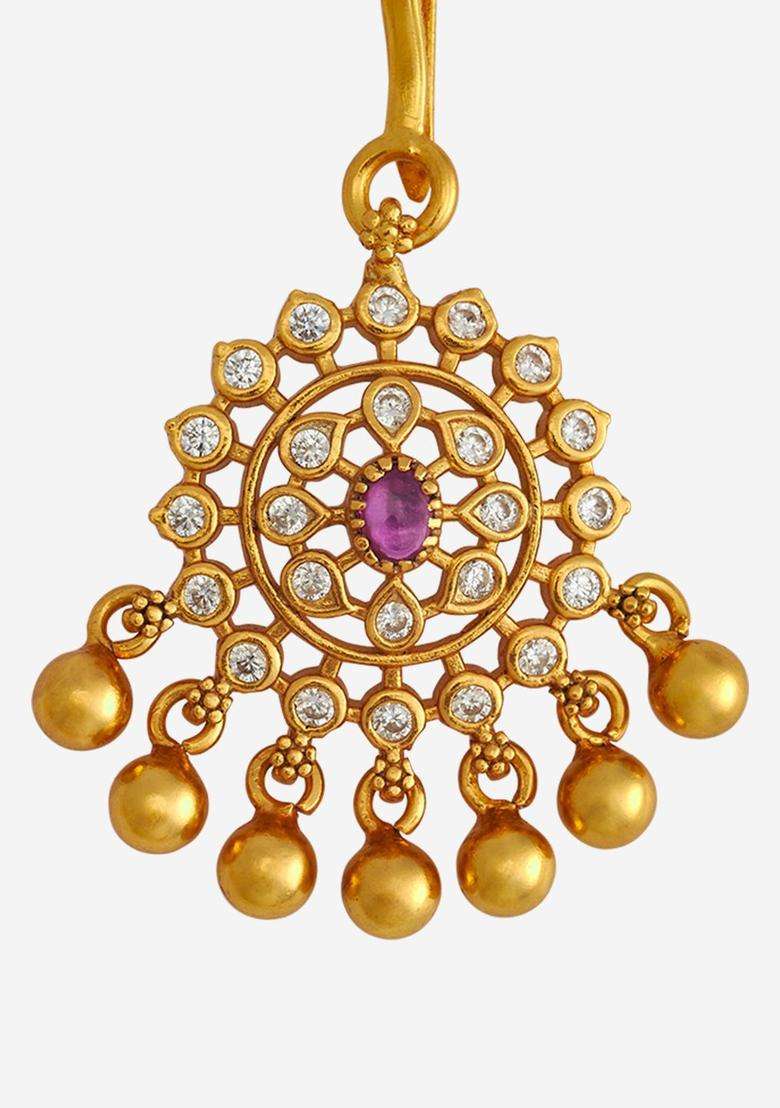 92.5 Sterling Silver Gold-Plated Ruby Stones Maang Tikka for Women | Traditional Temple Jewellery for Wedding & Festive Wear | Gift for Her - Indya