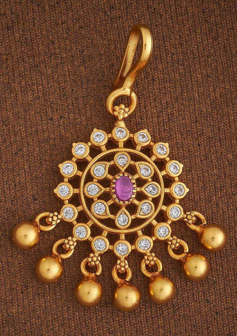 92.5 Sterling Silver Gold-Plated Ruby Stones Maang Tikka for Women | Traditional Temple Jewellery for Wedding & Festive Wear | Gift for Her - Indya