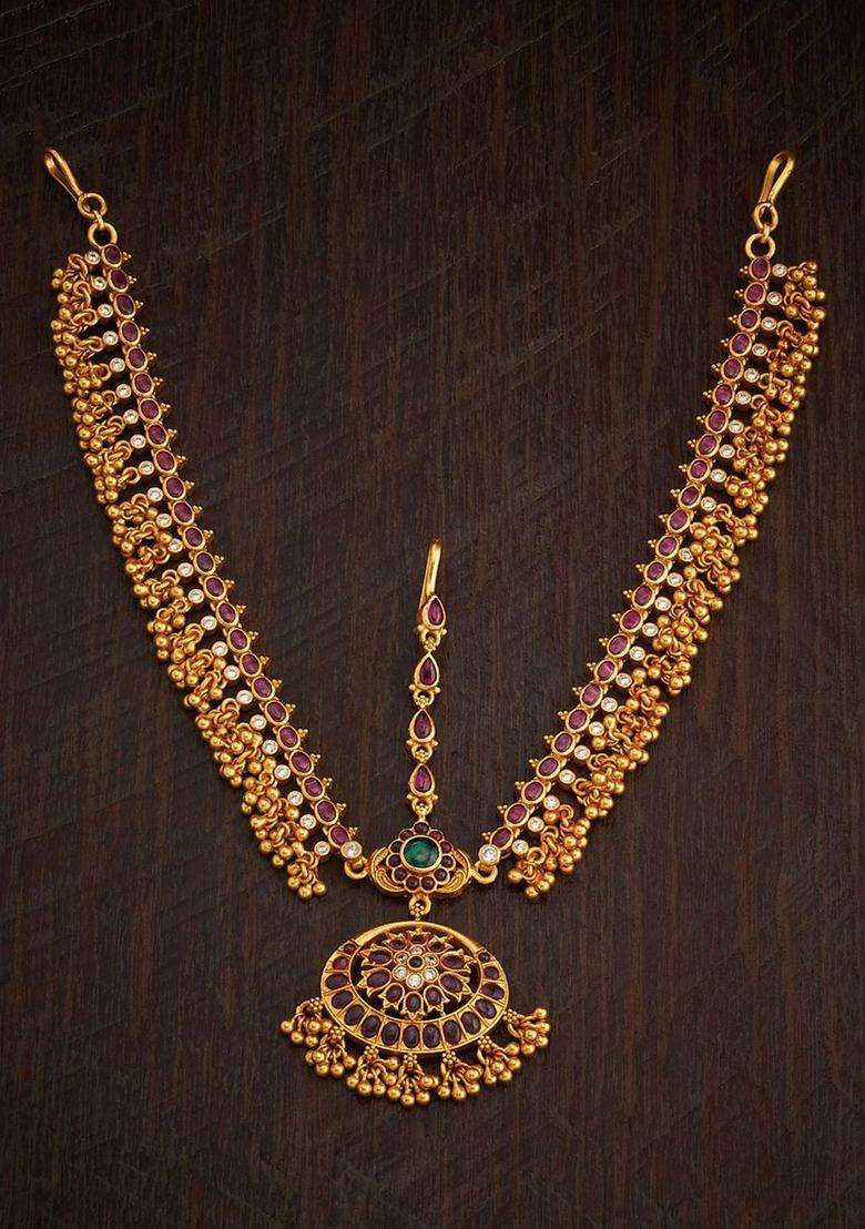 Embellished Bridal 92.5 Silver Gold-Plated Stone Maang Tikka for Women | Traditional Temple Jewellery for Wedding & Festive Wear | Gift for Her - Indya