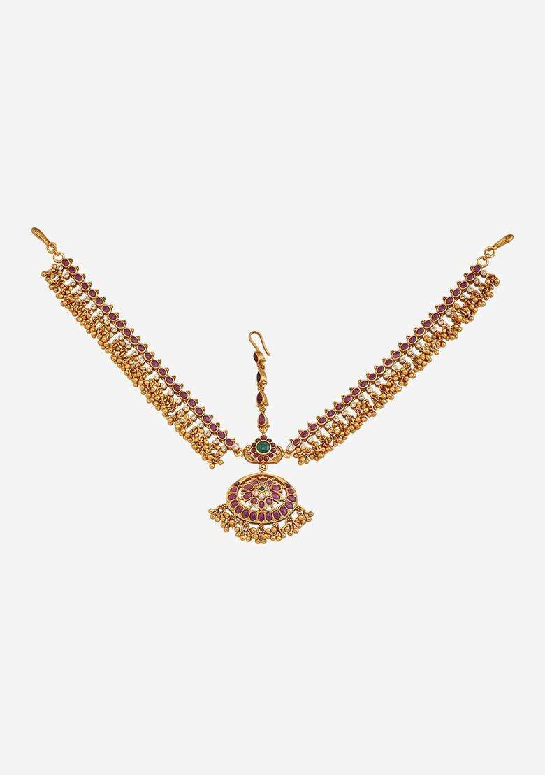 Embellished Bridal 92.5 Silver Gold-Plated Stone Maang Tikka for Women | Traditional Temple Jewellery for Wedding & Festive Wear | Gift for Her - Indya