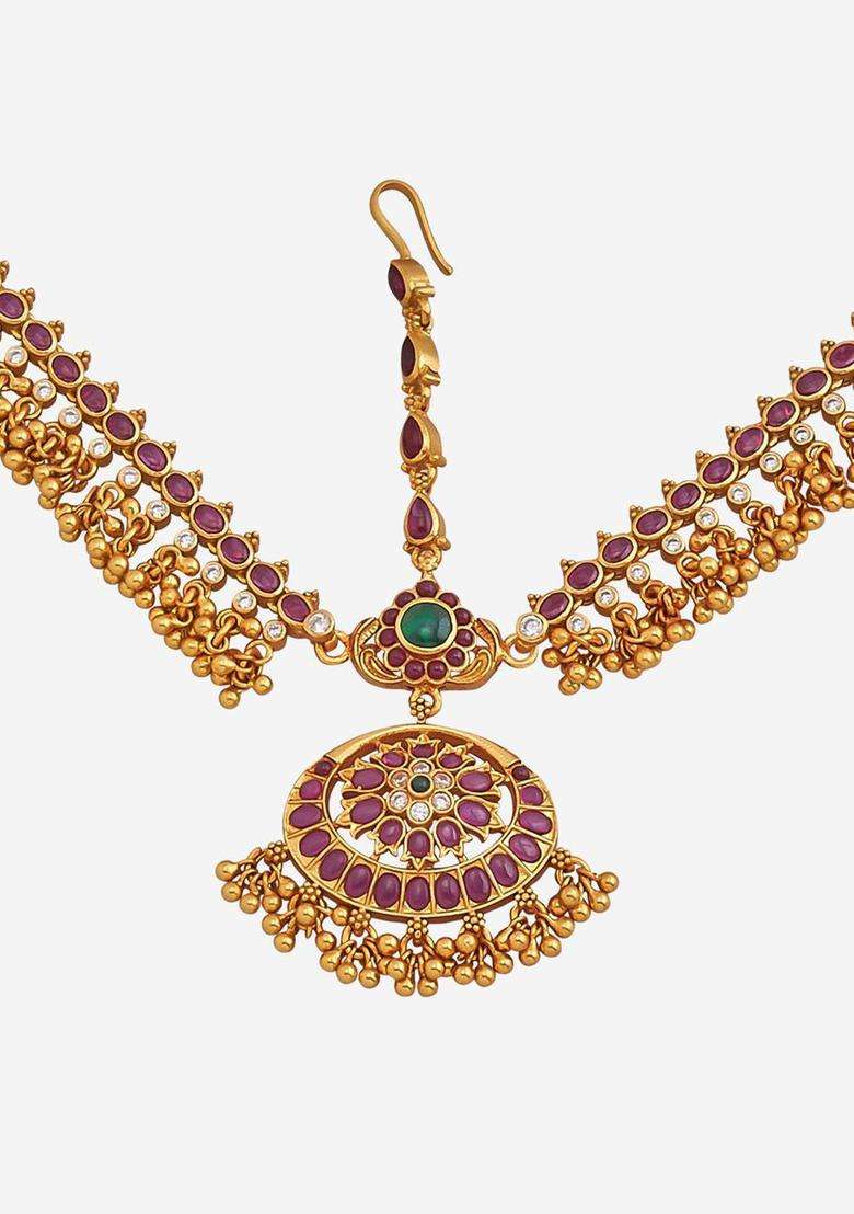 Embellished Bridal 92.5 Silver Gold-Plated Stone Maang Tikka for Women | Traditional Temple Jewellery for Wedding & Festive Wear | Gift for Her - Indya