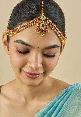 Embellished Bridal Gold-Plated Maang Tikka Head Jewellery for Women | Traditional Temple Jewellery for Wedding & Festive Wear | Gift for Her