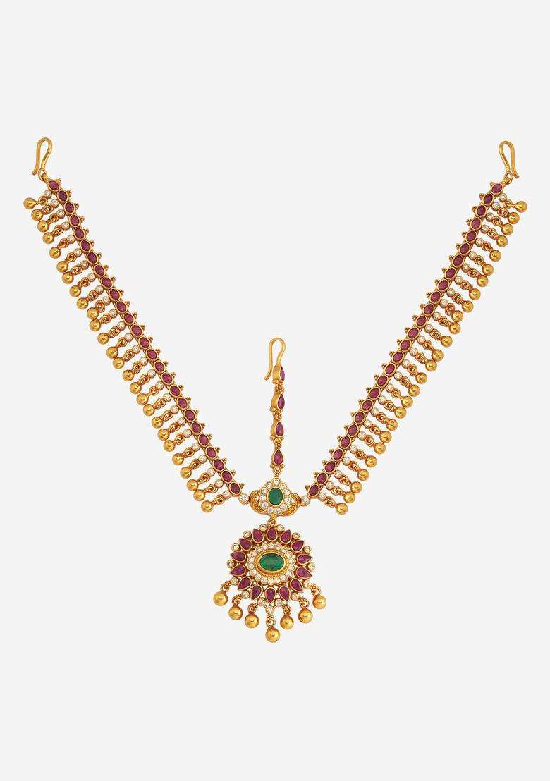 Embellished Bridal Gold-Plated Maang Tikka Head Jewellery for Women | Traditional Temple Jewellery for Wedding & Festive Wear | Gift for Her - Indya