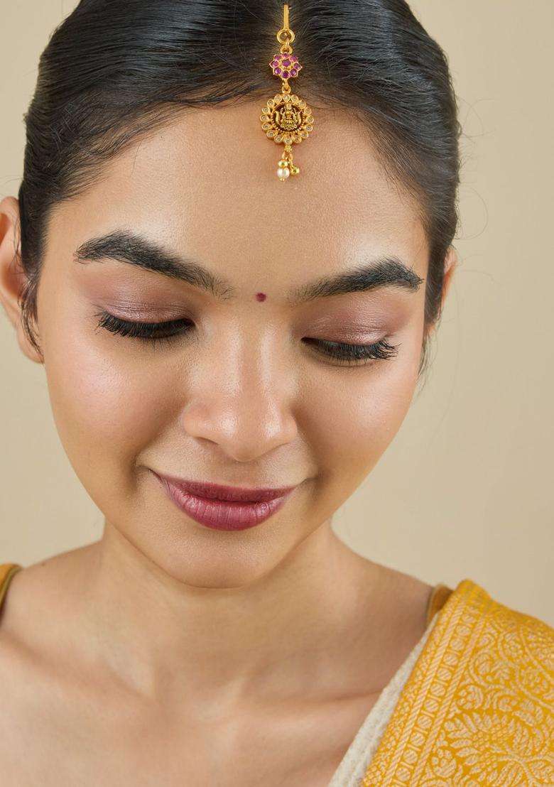Embellished Bridal 92.5 Silver Gold-Plated Temple Maang Tikka for Women | Traditional Temple Jewellery for Wedding & Festive Wear | Gift for Her - Indya