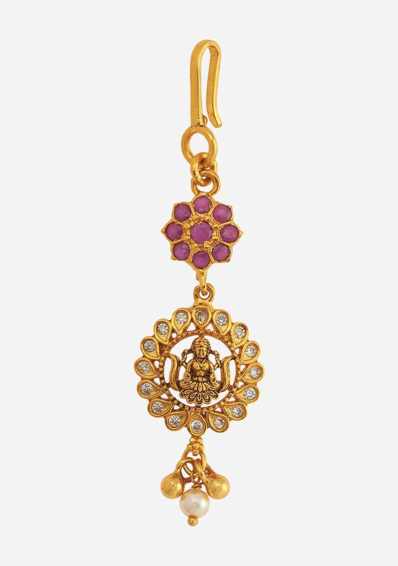Embellished Bridal 92.5 Silver Gold-Plated Temple Maang Tikka for Women | Traditional Temple Jewellery for Wedding & Festive Wear | Gift for Her - Indya