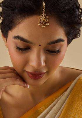 Gold-Plated Embellished Bridal 92.5 Silver Ruby Temple Maang Tikka for Women | Traditional Temple Jewellery for Wedding & Festive Wear | Gift for Her