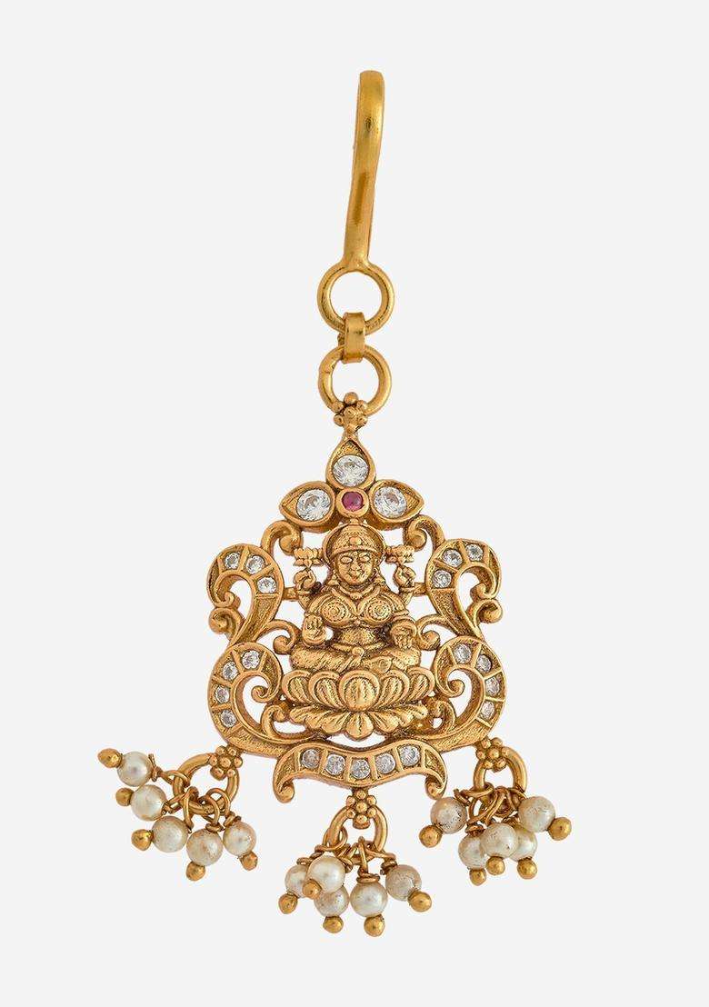Gold-Plated Embellished Bridal 92.5 Silver Ruby Temple Maang Tikka for Women | Traditional Temple Jewellery for Wedding & Festive Wear | Gift for Her - Indya