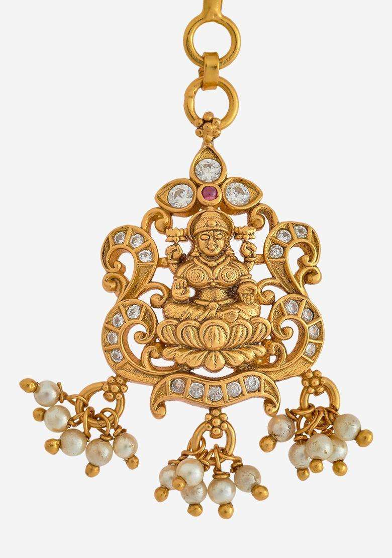 Gold-Plated Embellished Bridal 92.5 Silver Ruby Temple Maang Tikka for Women | Traditional Temple Jewellery for Wedding & Festive Wear | Gift for Her - Indya