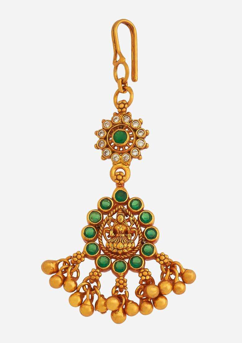 Embellished Bridal 92.5 Silver Gold-Plated Studded Maang Tikka for Women | Traditional Temple Jewellery for Wedding & Festive Wear | Gift for Her - Indya