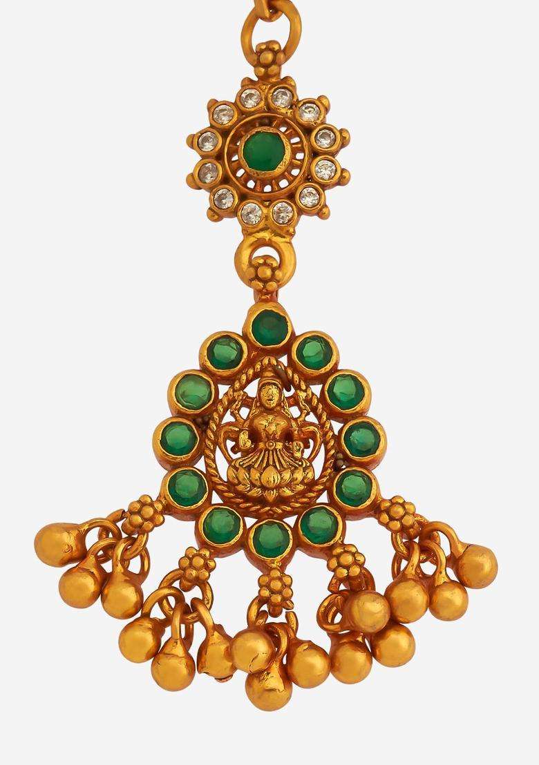 Embellished Bridal 92.5 Silver Gold-Plated Studded Maang Tikka for Women | Traditional Temple Jewellery for Wedding & Festive Wear | Gift for Her - Indya