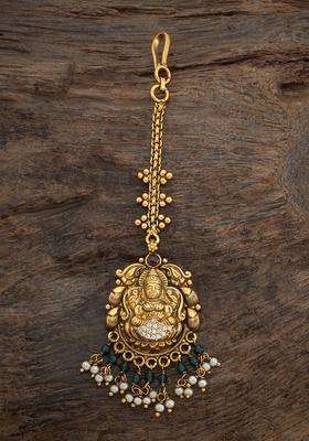 Gold-Plated Embellished Bridal 92.5 Silver Stone Beaded Maang Tikka for Women | Traditional Temple Jewellery for Wedding & Festive Wear | Gift for Her