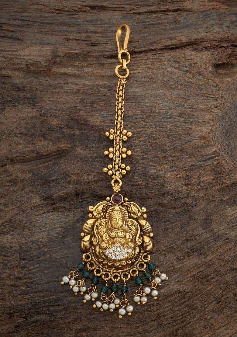 Gold-Plated Embellished Bridal 92.5 Silver Stone Beaded Maang Tikka for Women | Traditional Temple Jewellery for Wedding & Festive Wear | Gift for Her - Indya