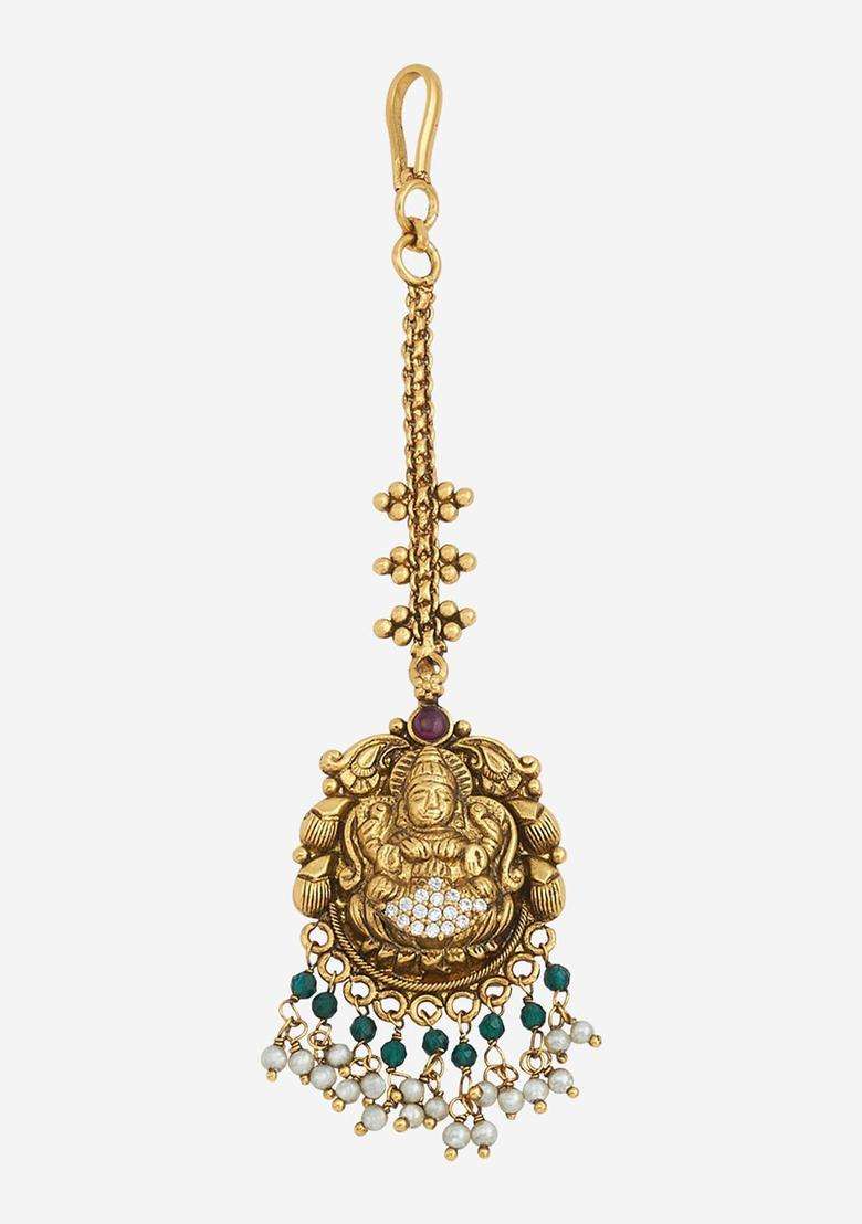 Gold-Plated Embellished Bridal 92.5 Silver Stone Beaded Maang Tikka for Women | Traditional Temple Jewellery for Wedding & Festive Wear | Gift for Her - Indya