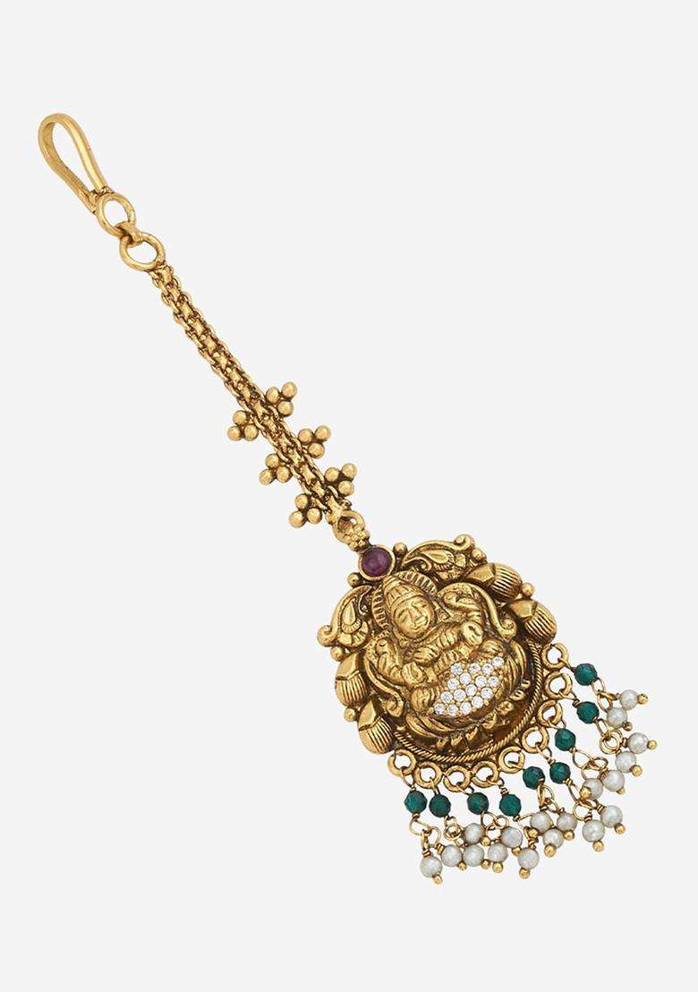 Gold-Plated Embellished Bridal 92.5 Silver Stone Beaded Maang Tikka for Women | Traditional Temple Jewellery for Wedding & Festive Wear | Gift for Her - Indya