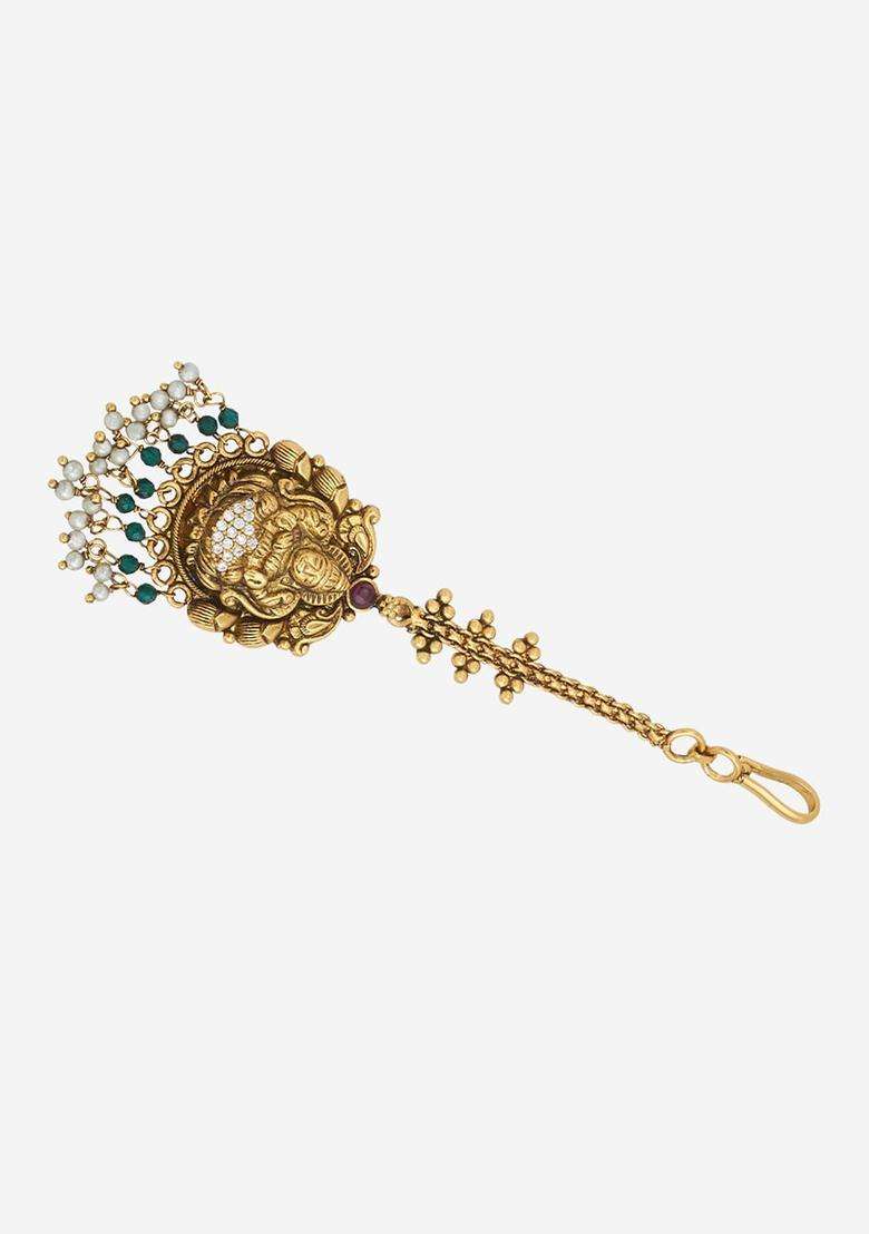 Gold-Plated Embellished Bridal 92.5 Silver Stone Beaded Maang Tikka for Women | Traditional Temple Jewellery for Wedding & Festive Wear | Gift for Her - Indya