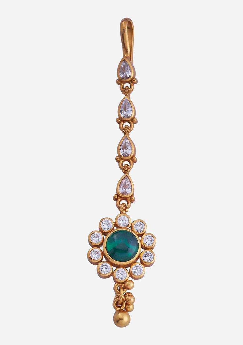 Gold-Plated Embellished Bridal 92.5 Silver Stone Studded Maang Tikka for Women | Traditional Temple Jewellery for Wedding & Festive Wear | Gift for Her - Indya