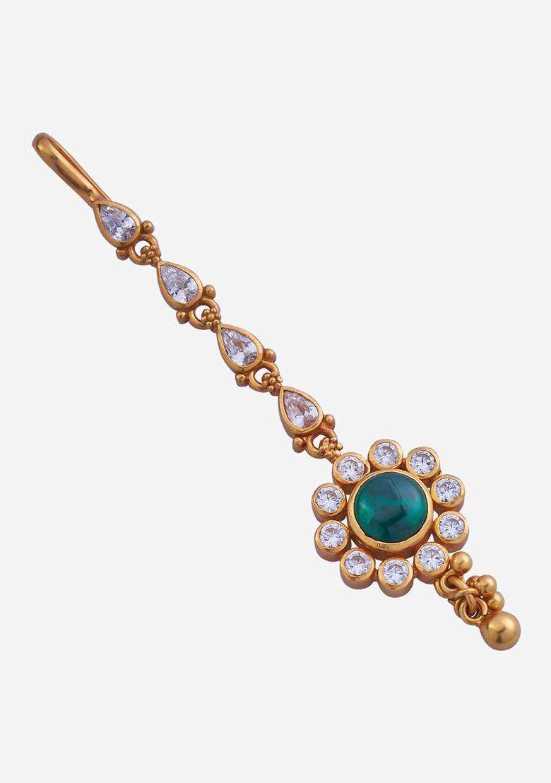 Gold-Plated Embellished Bridal 92.5 Silver Stone Studded Maang Tikka for Women | Traditional Temple Jewellery for Wedding & Festive Wear | Gift for Her - Indya