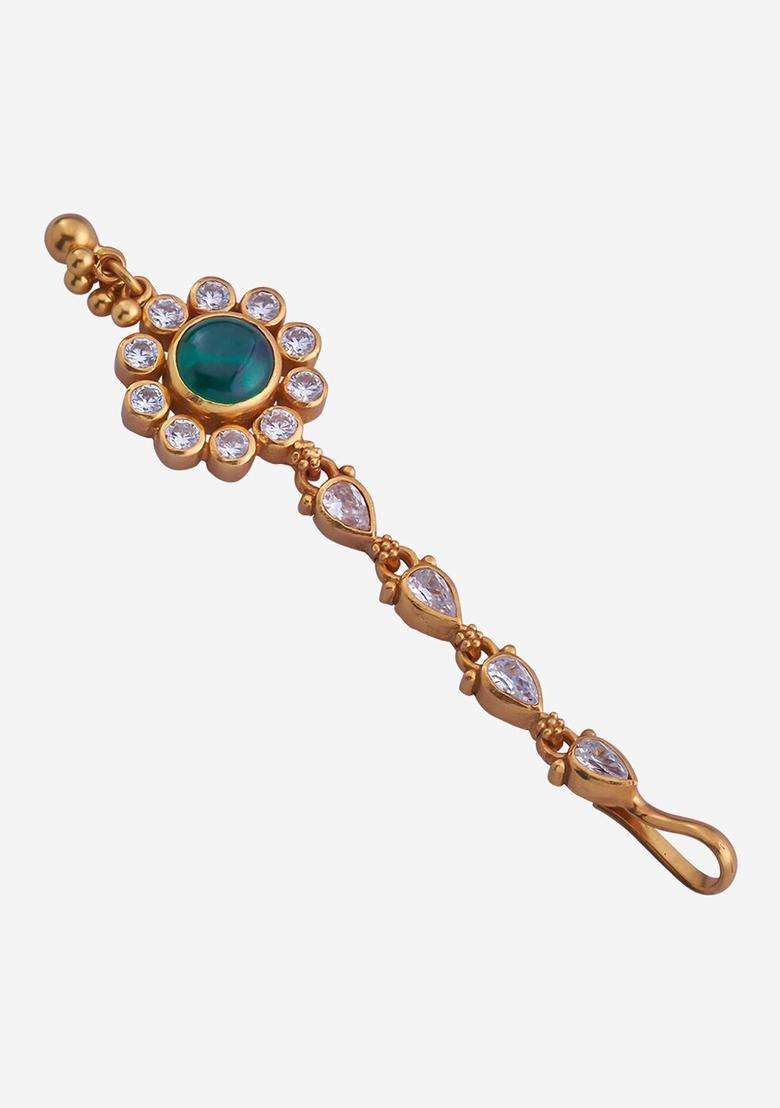 Gold-Plated Embellished Bridal 92.5 Silver Stone Studded Maang Tikka for Women | Traditional Temple Jewellery for Wedding & Festive Wear | Gift for Her - Indya