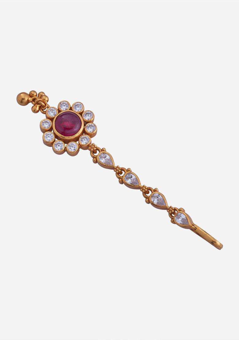 Embellished Bridal 92.5 Silver Gold-Plated Temple Maang Tikka for Women | Traditional Temple Jewellery for Wedding & Festive Wear | Gift for Her - Indya