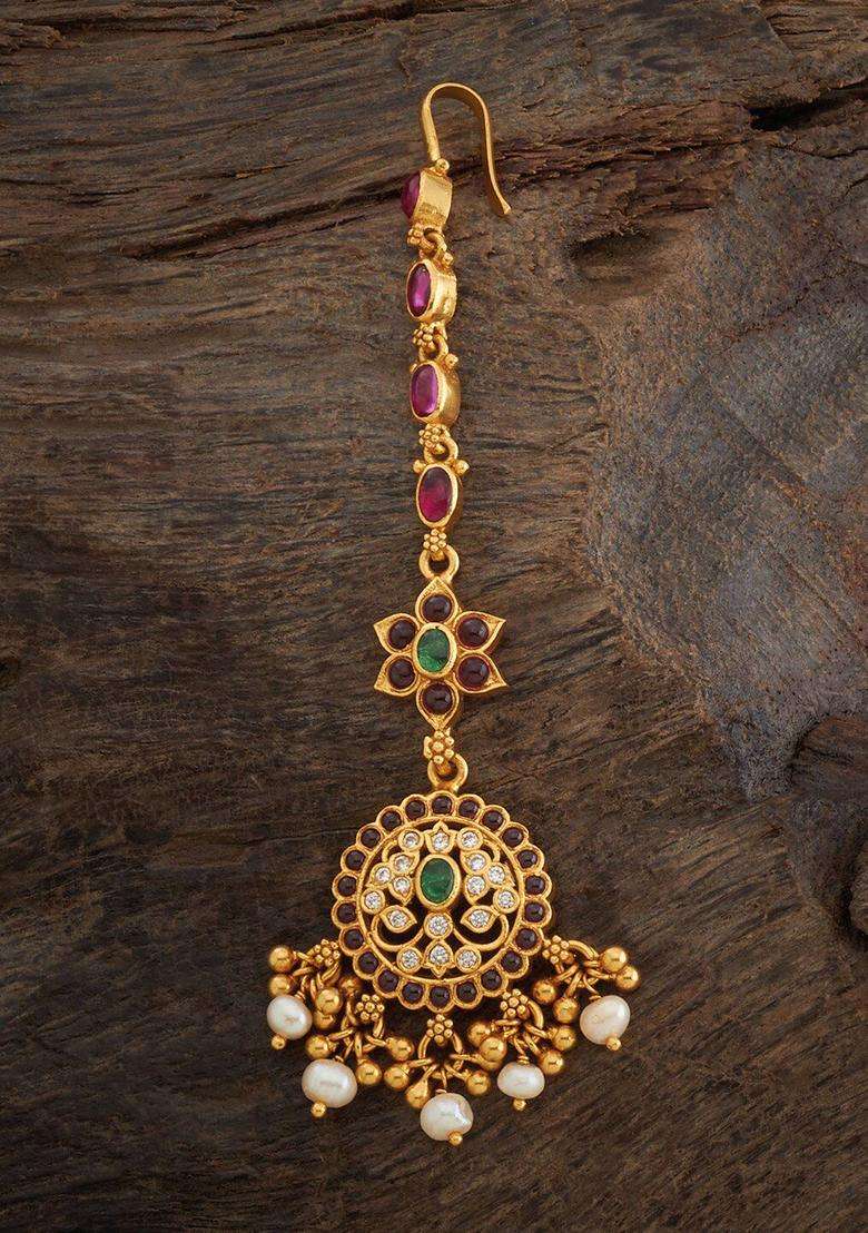 92.5 Pure Silver Gold-Plated Stone-Studded Temple Maang Tikka for Women | Traditional Temple Jewellery for Wedding & Festive Wear | Gift for Her - Indya