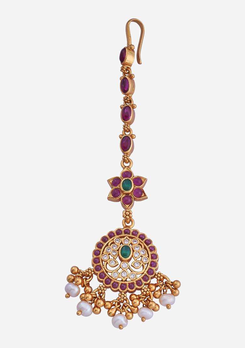 92.5 Pure Silver Gold-Plated Stone-Studded Temple Maang Tikka for Women | Traditional Temple Jewellery for Wedding & Festive Wear | Gift for Her - Indya