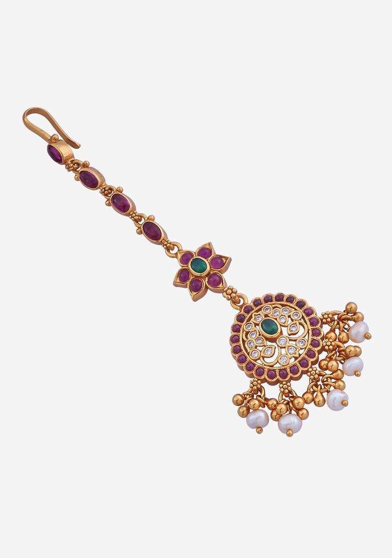 92.5 Pure Silver Gold-Plated Stone-Studded Temple Maang Tikka for Women | Traditional Temple Jewellery for Wedding & Festive Wear | Gift for Her - Indya