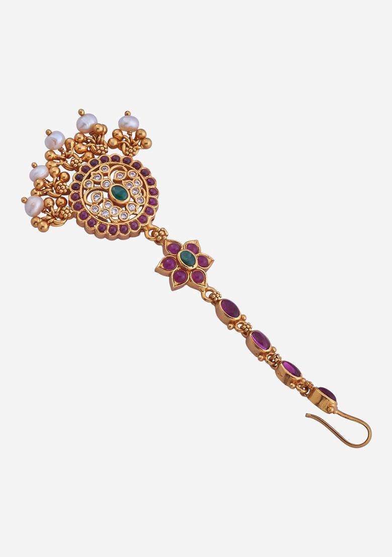 92.5 Pure Silver Gold-Plated Stone-Studded Temple Maang Tikka for Women | Traditional Temple Jewellery for Wedding & Festive Wear | Gift for Her - Indya
