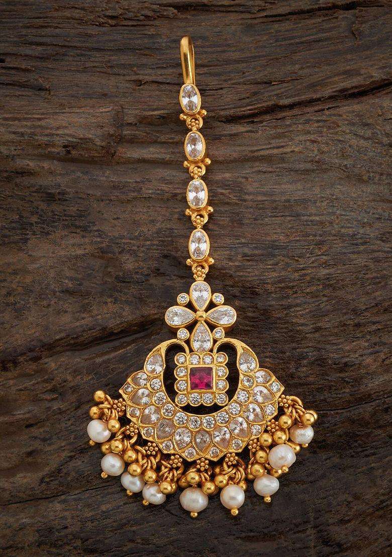 92.5 Pure Silver Gold-Plated Stone Studded Temple Maang Tikka for Women | Traditional Temple Jewellery for Wedding & Festive Wear | Gift for Her - Indya
