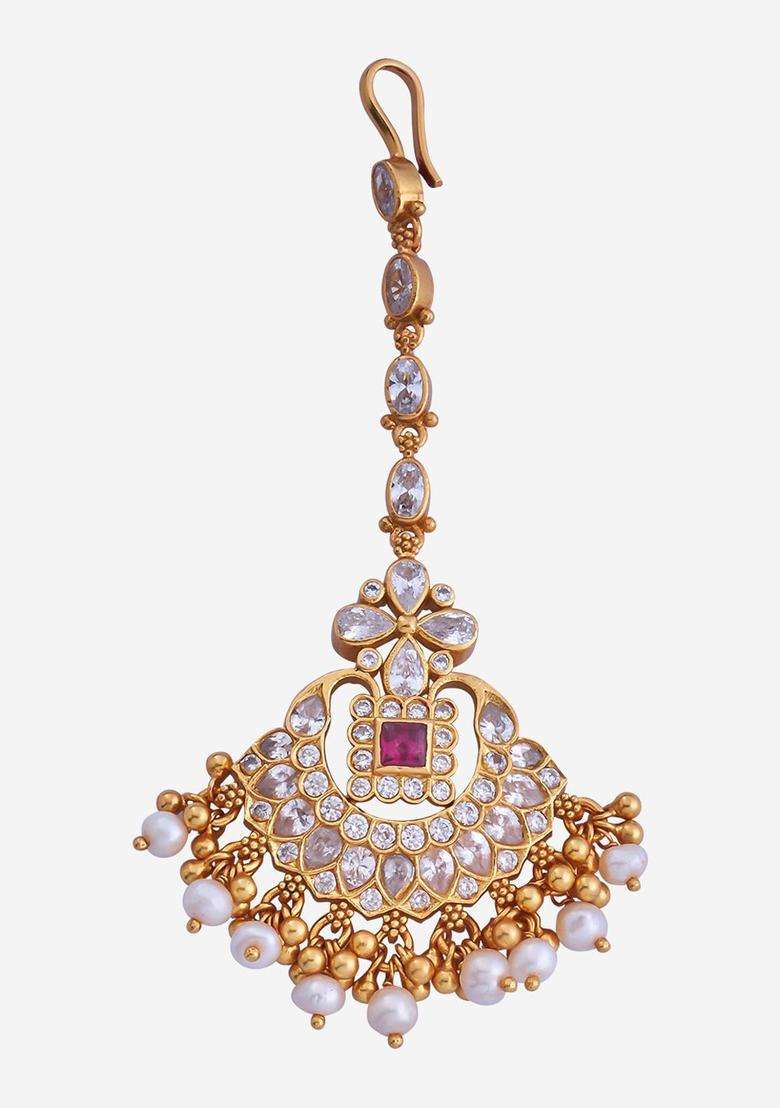 92.5 Pure Silver Gold-Plated Stone Studded Temple Maang Tikka for Women | Traditional Temple Jewellery for Wedding & Festive Wear | Gift for Her - Indya