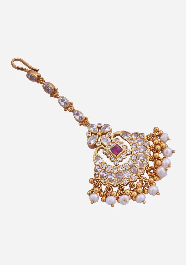 92.5 Pure Silver Gold-Plated Stone Studded Temple Maang Tikka for Women | Traditional Temple Jewellery for Wedding & Festive Wear | Gift for Her - Indya