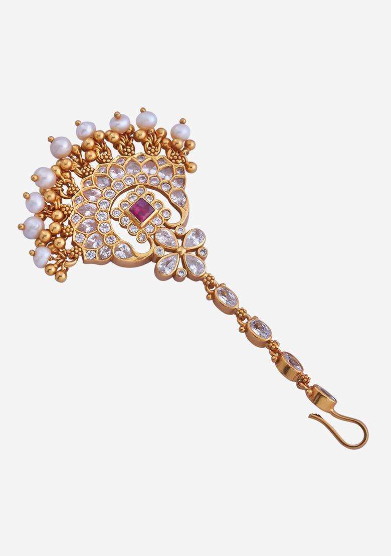 92.5 Pure Silver Gold-Plated Stone Studded Temple Maang Tikka for Women | Traditional Temple Jewellery for Wedding & Festive Wear | Gift for Her - Indya