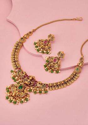 Rose Gold-Plated Gold-Plated Stone Studded & Beaded Necklace and Earrings for Women | Traditional Temple Jewellery for Wedding & Festive Wear | Gift for Her