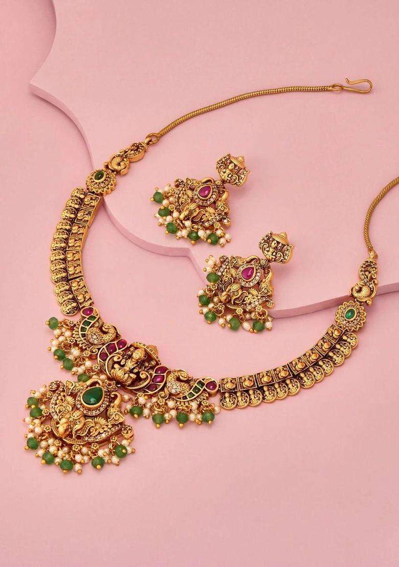 Rose Gold-Plated Gold-Plated Stone Studded & Beaded Necklace and Earrings for Women | Traditional Temple Jewellery for Wedding & Festive Wear | Gift for Her - Indya