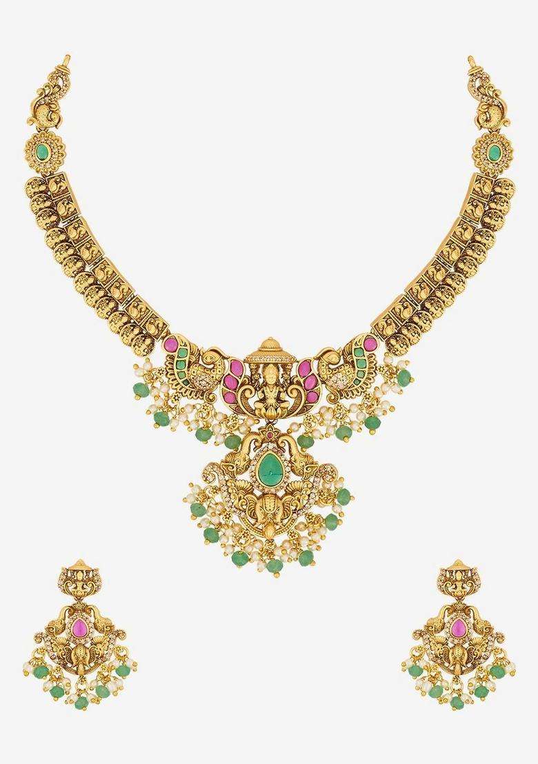 Rose Gold-Plated Gold-Plated Stone Studded & Beaded Necklace and Earrings for Women | Traditional Temple Jewellery for Wedding & Festive Wear | Gift for Her - Indya
