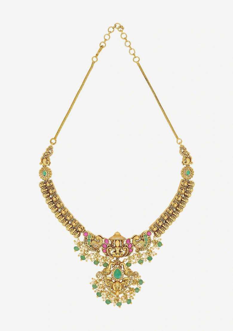 Rose Gold-Plated Gold-Plated Stone Studded & Beaded Necklace and Earrings for Women | Traditional Temple Jewellery for Wedding & Festive Wear | Gift for Her - Indya