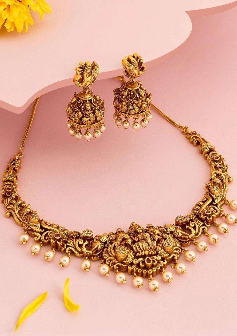 Gold-Plated Temple Stone Studded & Beaded Necklace and Earrings for Women | Traditional Temple Jewellery for Wedding & Festive Wear | Gift for Her - Indya