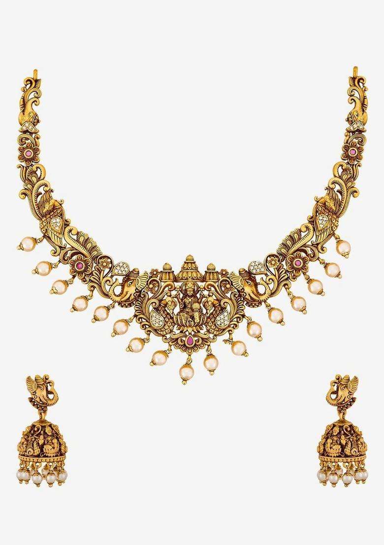 Gold-Plated Temple Stone Studded & Beaded Necklace and Earrings for Women | Traditional Temple Jewellery for Wedding & Festive Wear | Gift for Her - Indya