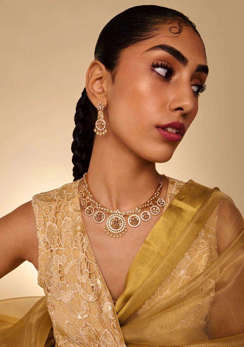 Gold-Plated Temple Cubic Zirconia Necklace and Earrings for Women | Traditional Temple Jewellery for Wedding & Festive Wear | Gift for Her - Indya