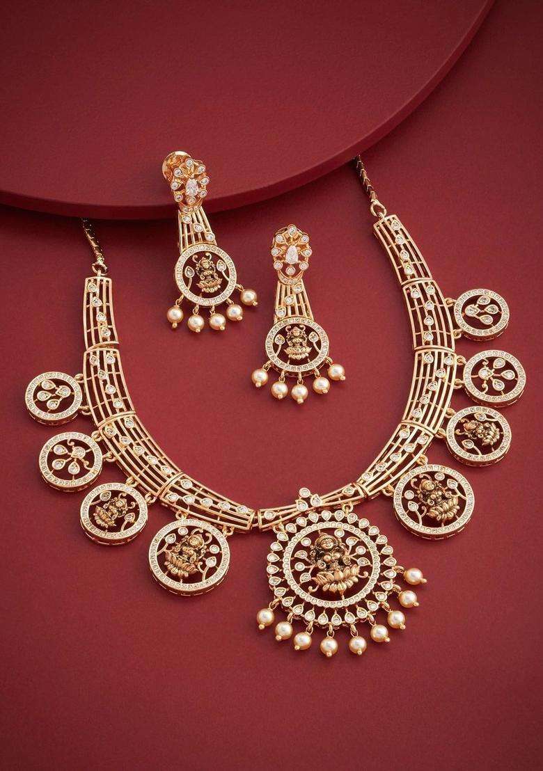 Gold-Plated Temple Cubic Zirconia Necklace and Earrings for Women | Traditional Temple Jewellery for Wedding & Festive Wear | Gift for Her - Indya