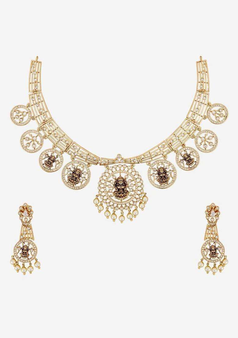 Gold-Plated Temple Cubic Zirconia Necklace and Earrings for Women | Traditional Temple Jewellery for Wedding & Festive Wear | Gift for Her - Indya
