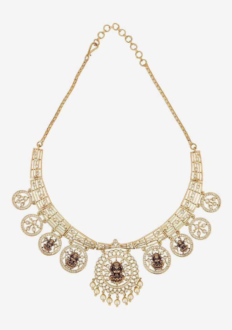 Gold-Plated Temple Cubic Zirconia Necklace and Earrings for Women | Traditional Temple Jewellery for Wedding & Festive Wear | Gift for Her - Indya