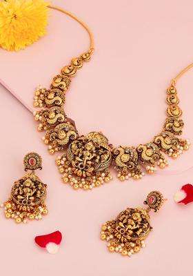 Gold-Plated Temple Stone Studded & Beaded Necklace Earrings Set for Women | Traditional Temple Jewellery for Wedding & Festive Wear | Gift for Her