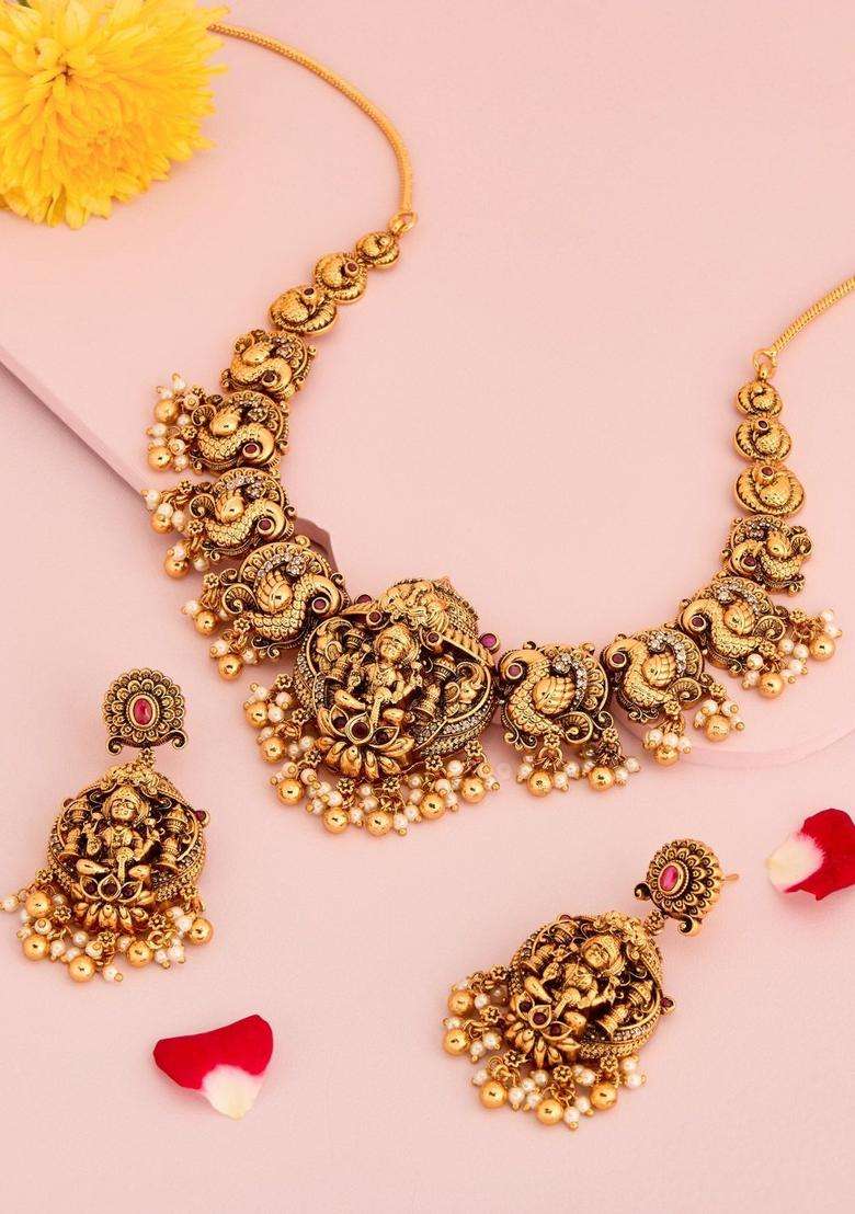 Gold-Plated Temple Stone Studded & Beaded Necklace Earrings Set for Women | Traditional Temple Jewellery for Wedding & Festive Wear | Gift for Her - Indya